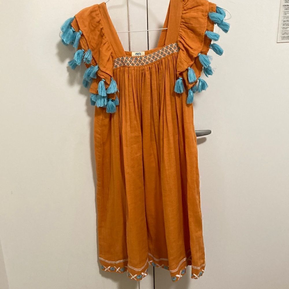 Mer St Barth Sandrine Girls Tassel Dress. Tangerine/Turquoise Tassels. Size 10.